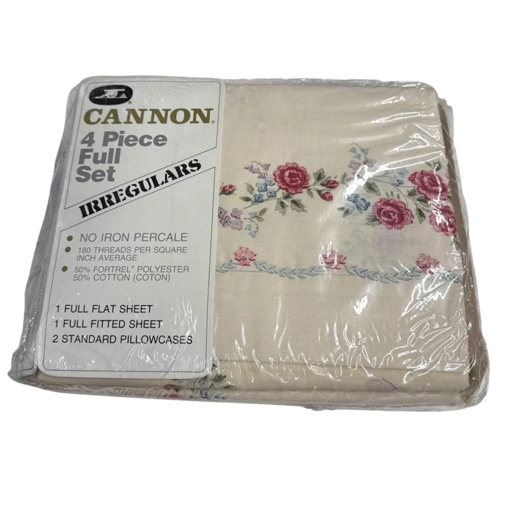 New Cannon Sheet Set Full Cream Floral Rose 4pc Percale Vintage Irregular USA